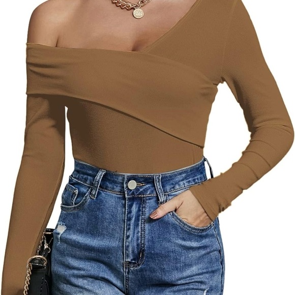 Sexy Off The Shoulder Tops Long Sleeve Cross Wrap Ribbed Knit Tee Shirt Blouse - Picture 4 of 6